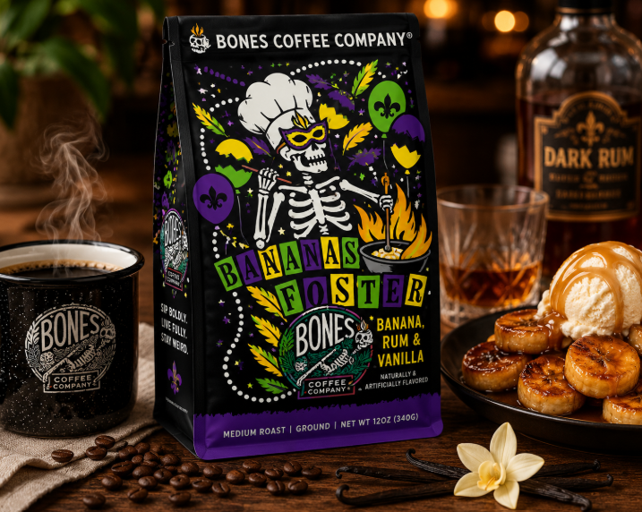Bones Coffee Bananas Foster Banana, Rum & Vanilla Ground Coffee – 12 oz