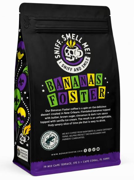 Bones Coffee Bananas Foster Banana, Rum & Vanilla Ground Coffee – 12 oz