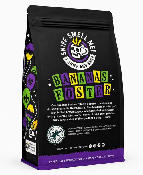 Bones Coffee Bananas Foster Banana, Rum & Vanilla Ground Coffee – 12 oz