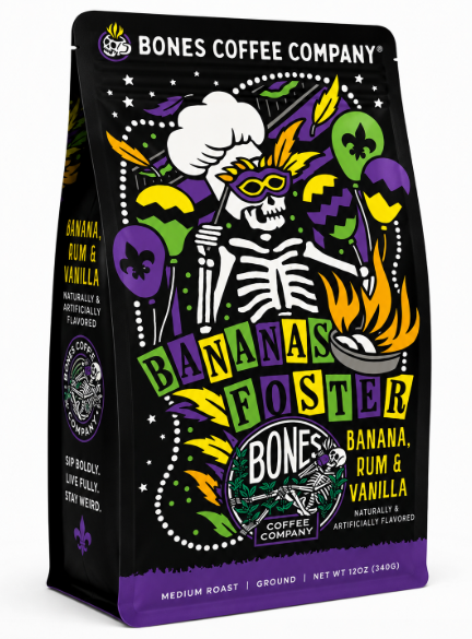 Bones Coffee Bananas Foster Banana, Rum & Vanilla Ground Coffee – 12 oz