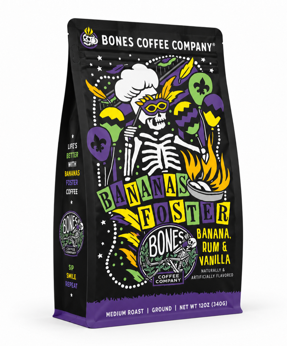 Bones Coffee Bananas Foster banana rum vanilla flavored ground coffee 12 oz