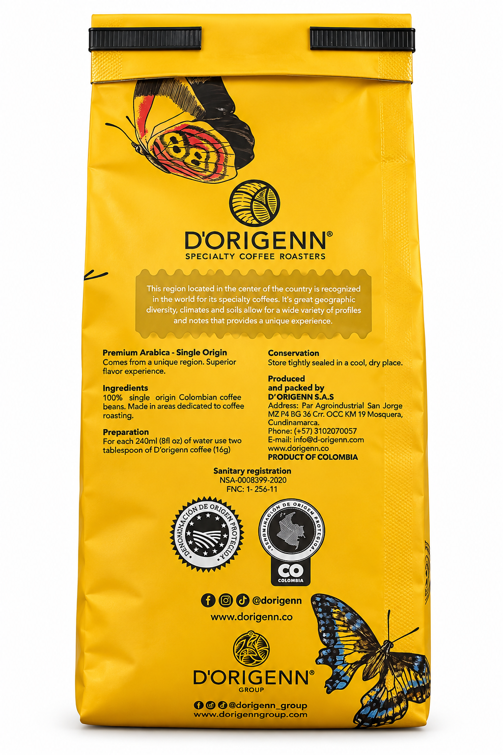 Back D'Origenn Palermo Huila Colombian Ground Coffee – Medium Roast 12 oz