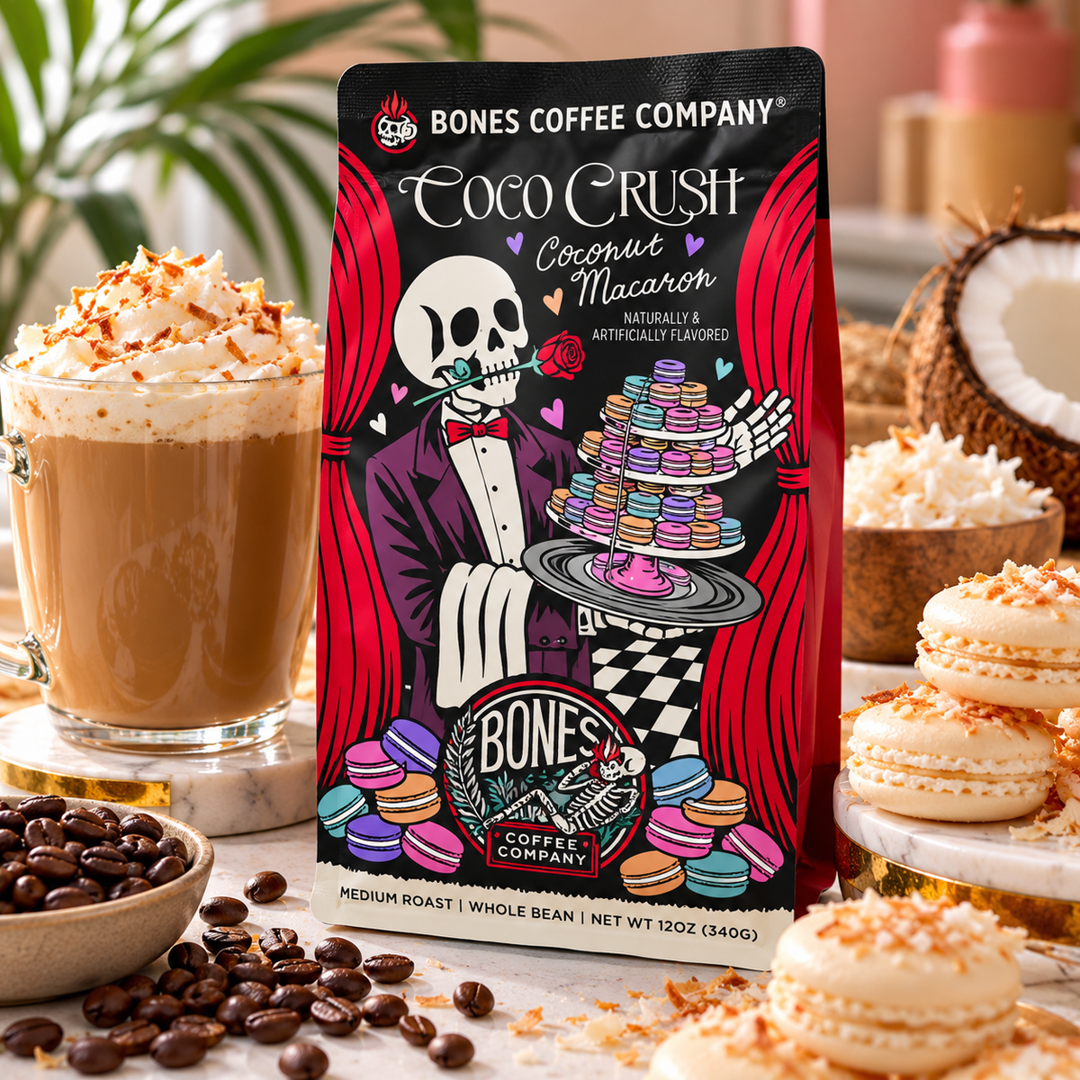 Bones Coco Crush Coconut Macaron Coffee whole Bean 12 oz