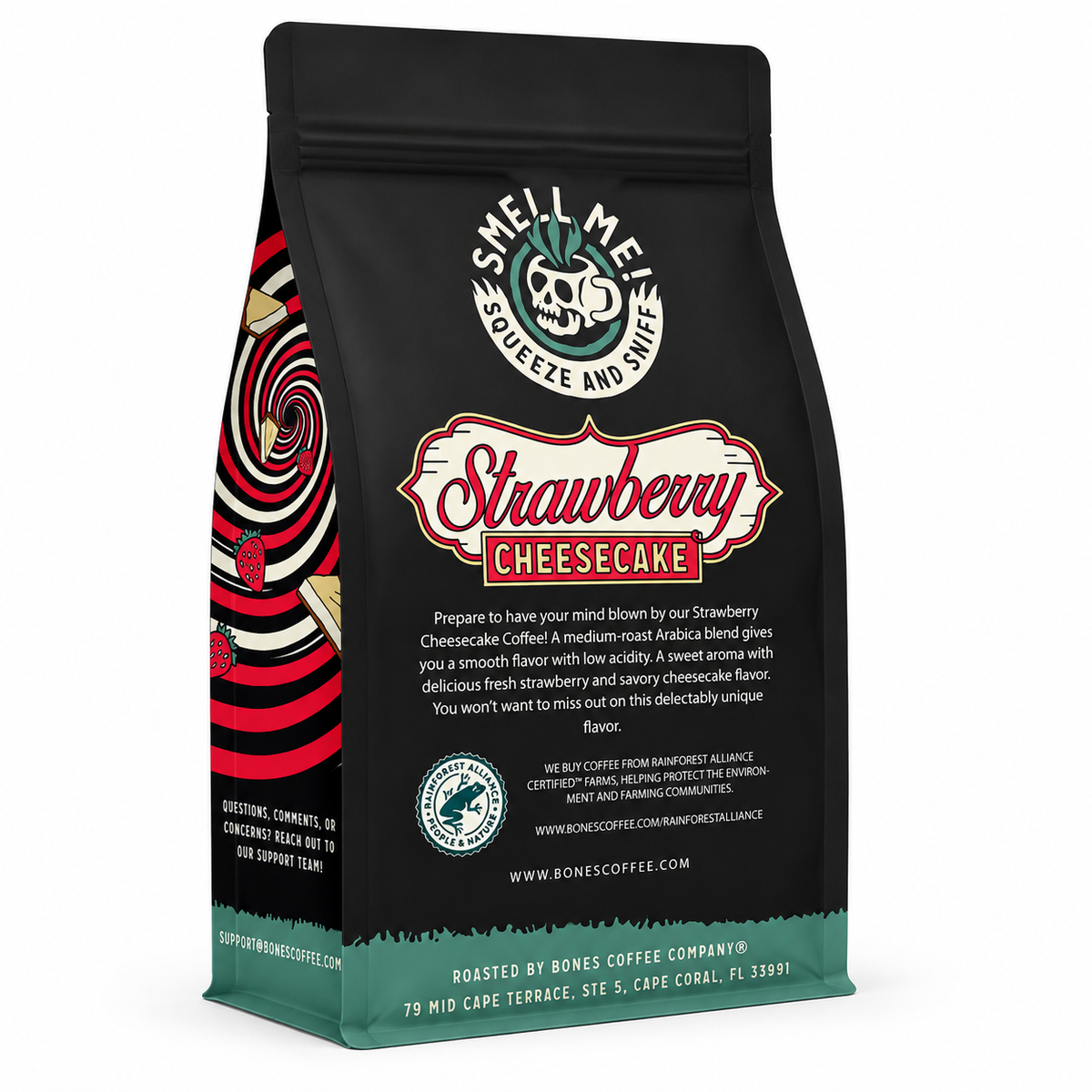 Back of Bones Coffee Strawberry Cheesecake Flavored Ground Coffee – 12 oz