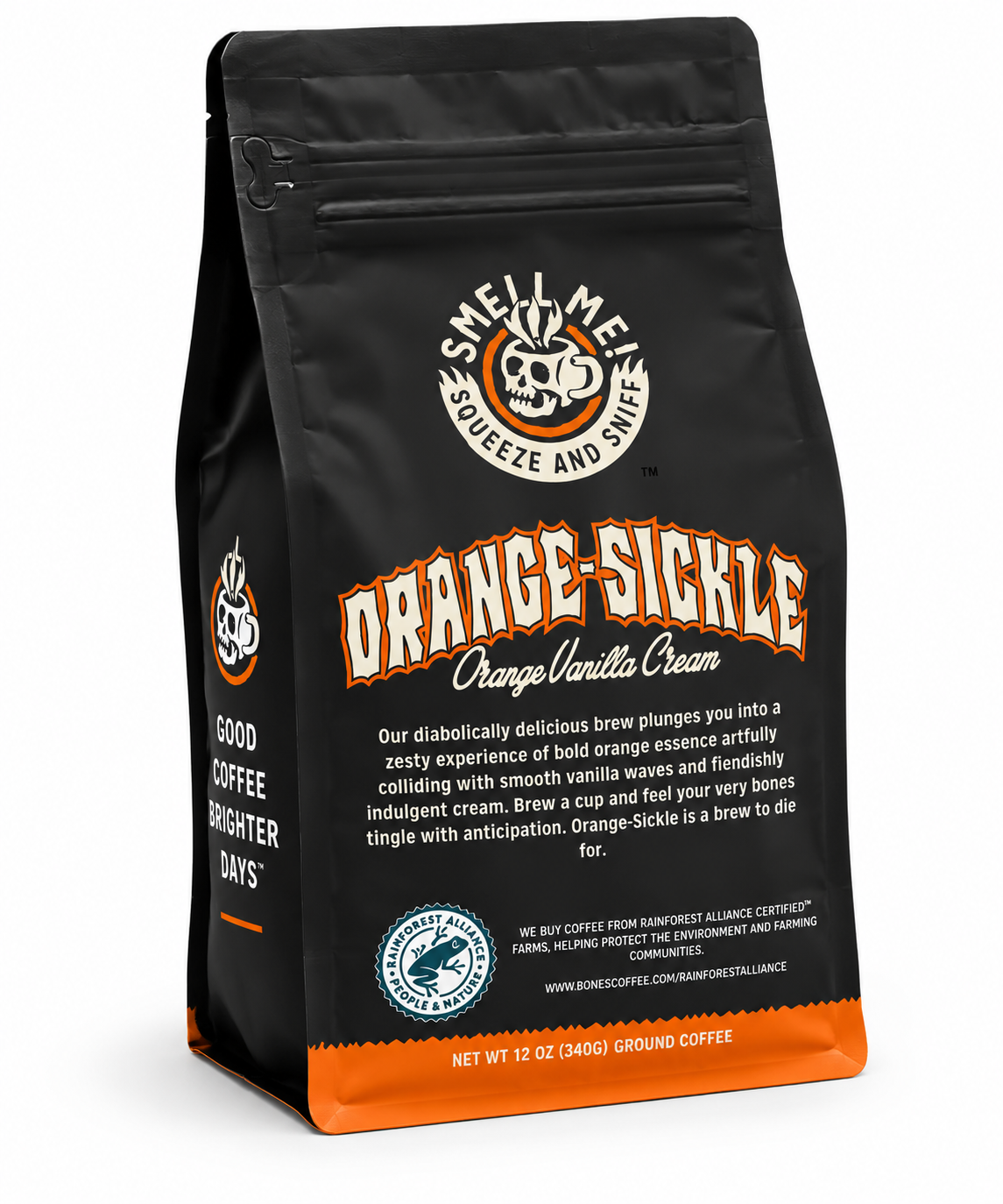 Back of Bones Coffee Orange Sickle flavored ground coffee 12 oz package