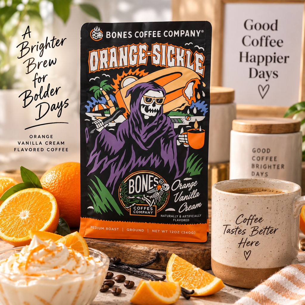 Bones Orange Sickle orange vanilla cream flavored coffee with oranges and coffee cup