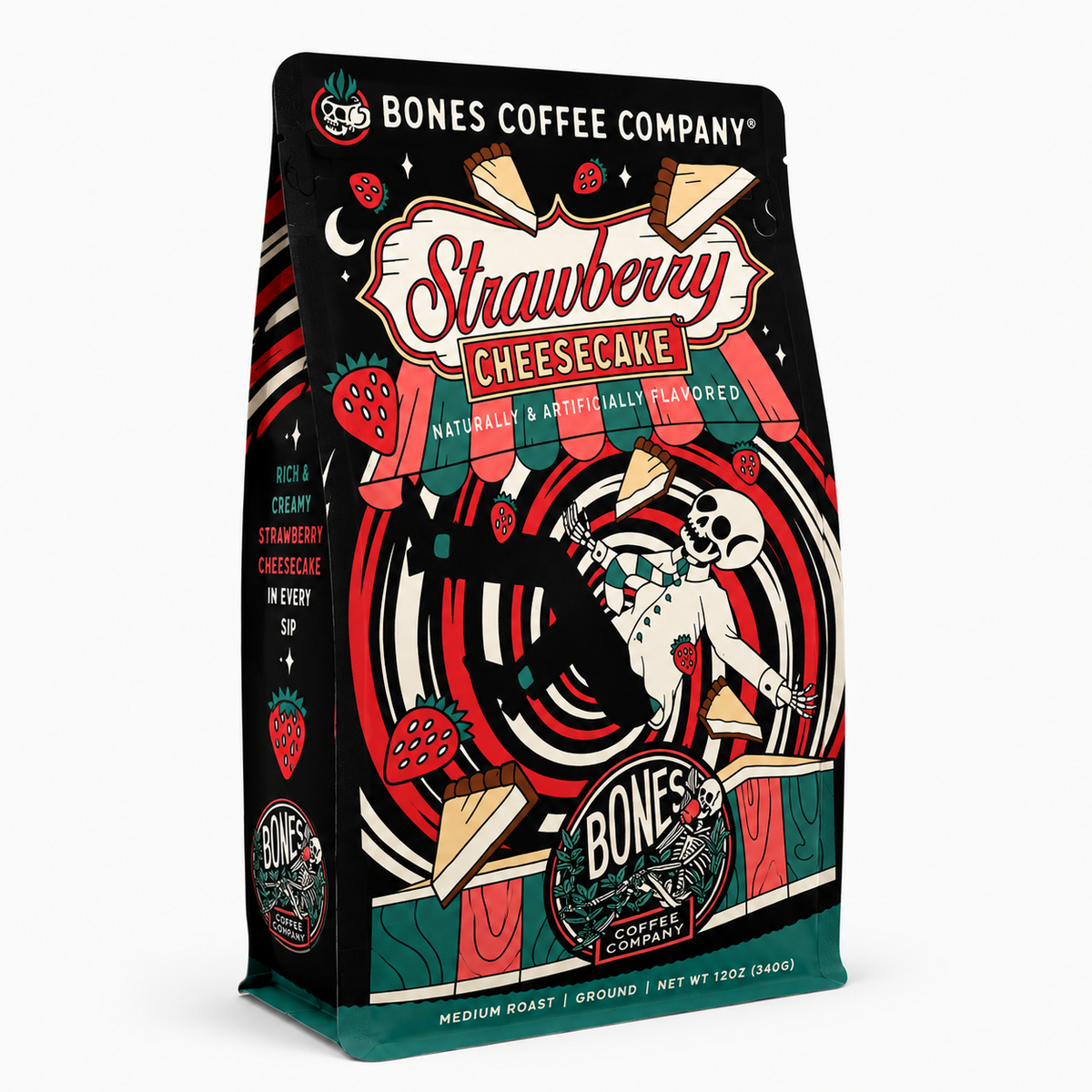 Bones Coffee Strawberry Cheesecake Flavored Ground Coffee 12 oz