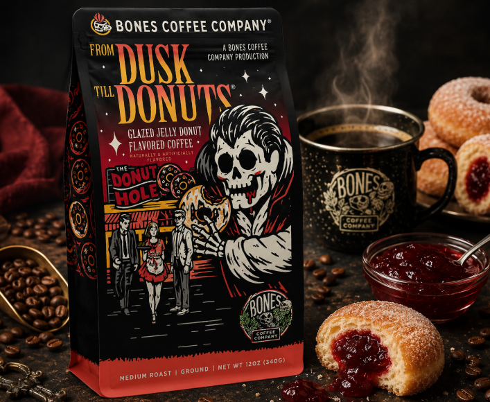 Bones Coffee From Dusk Till Donuts Jelly Donut Ground Coffee – 12 oz