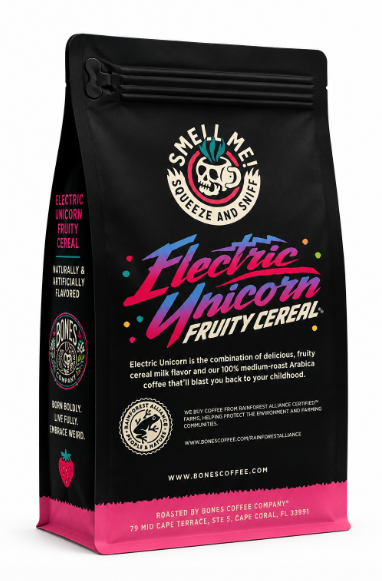 Bones Coffee Electric Unicorn Flavored Ground Coffee – 12 oz