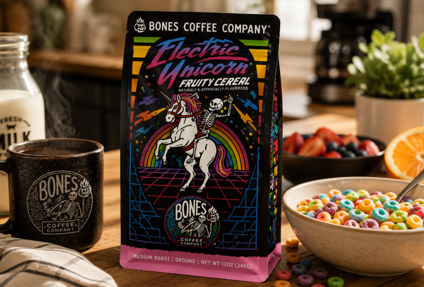 Bones Coffee Electric Unicorn Flavored Ground Coffee – 12 oz