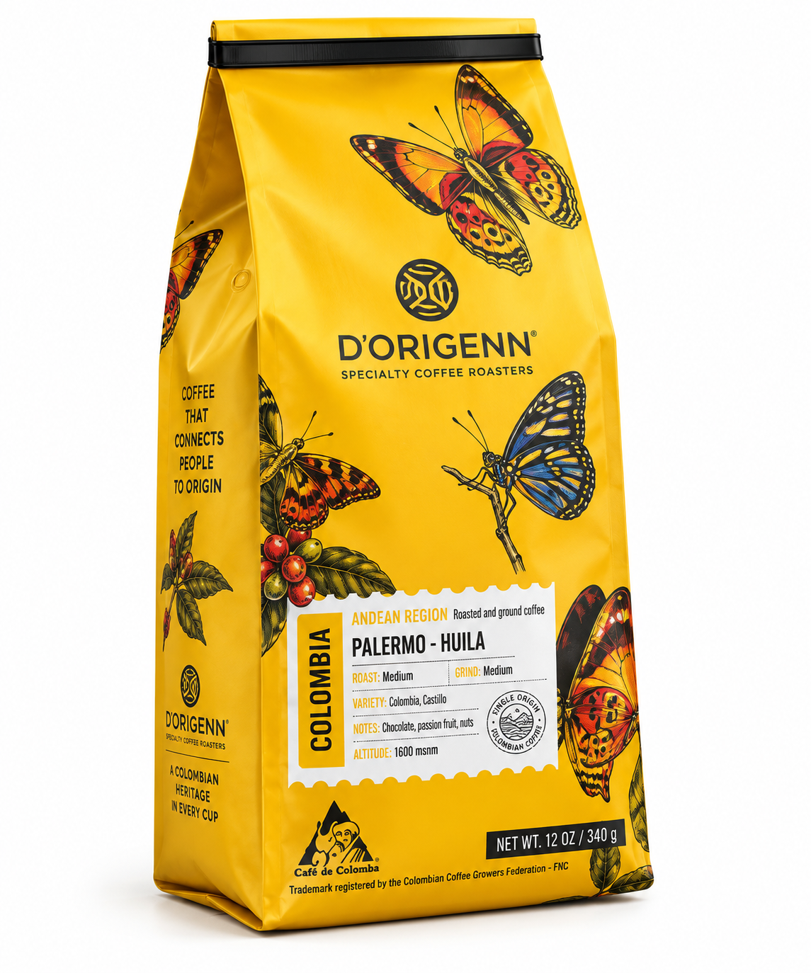 Front D'Origenn Palermo Huila Colombian Ground Coffee – Medium Roast 12 oz