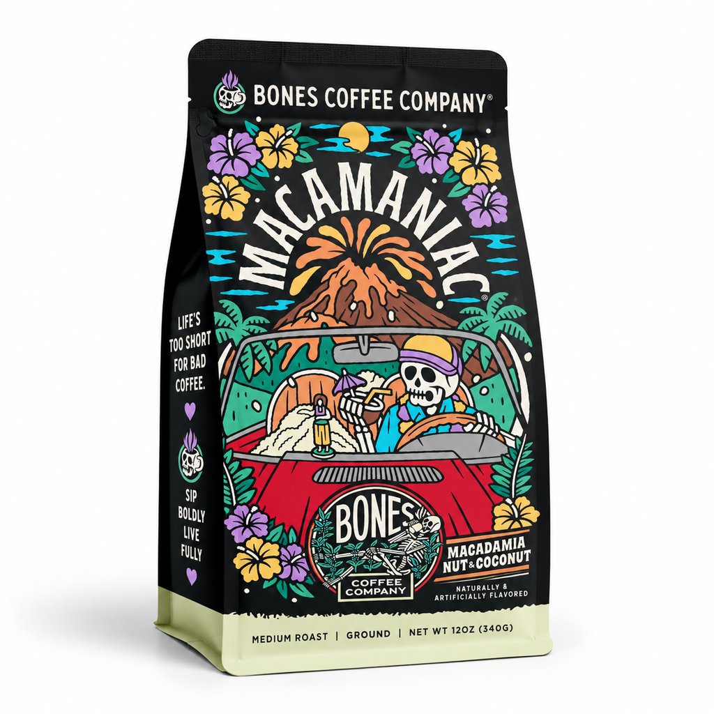 Front Macamaniac Macadamia Nut & Coconut Flavored Ground Coffee – 12 oz