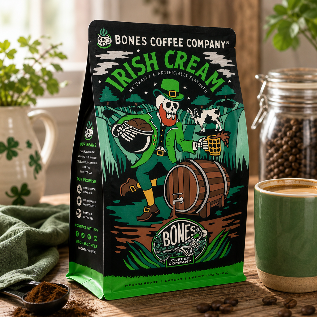 Bones Coffee Irish Cream Flavored Ground Coffee – 12 oz