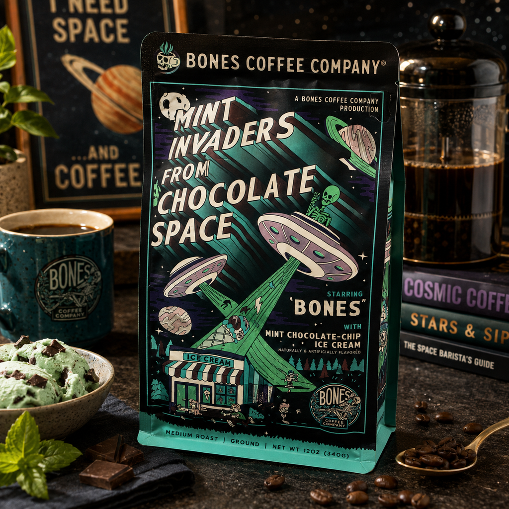 Bones Coffee Mint Invaders from Chocolate Space Flavored Ground Coffee – 12 oz