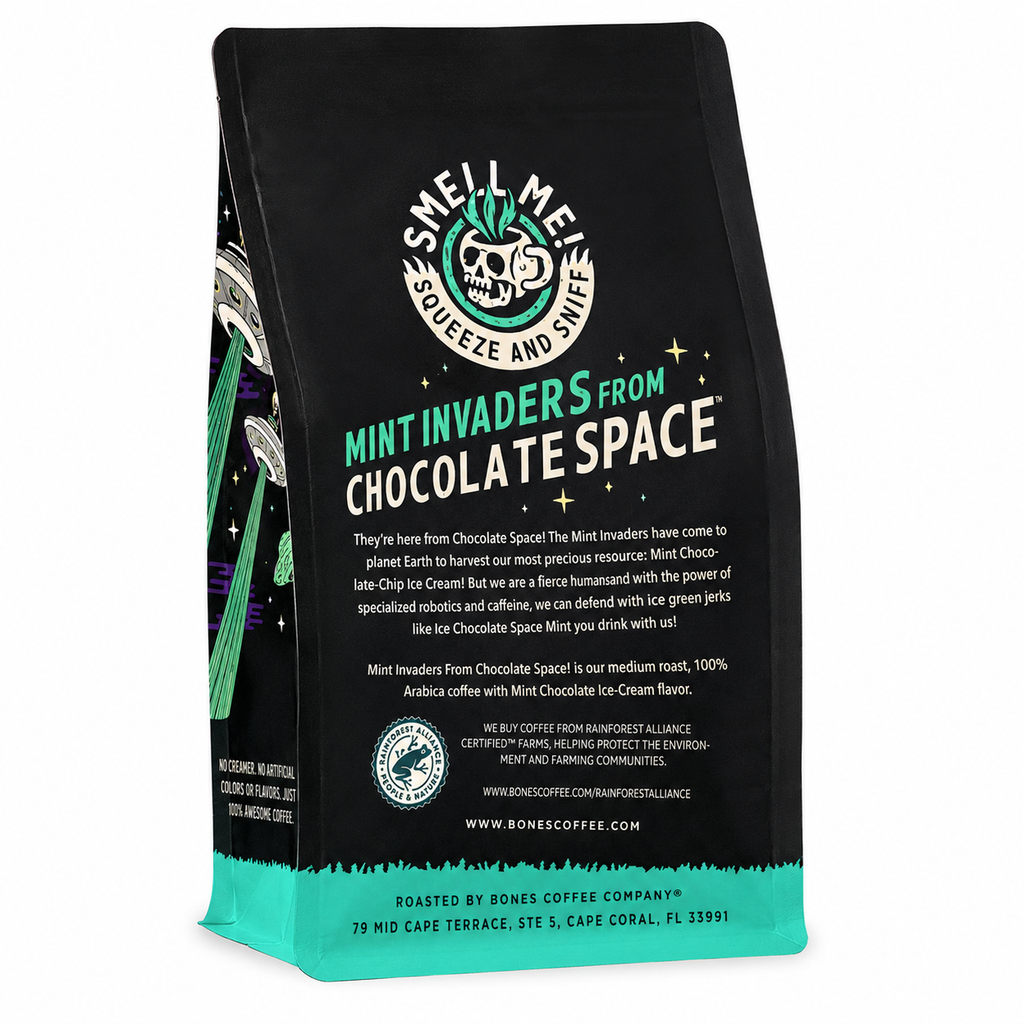 Bones Coffee Mint Invaders from Chocolate Space Flavored Ground Coffee – 12 oz