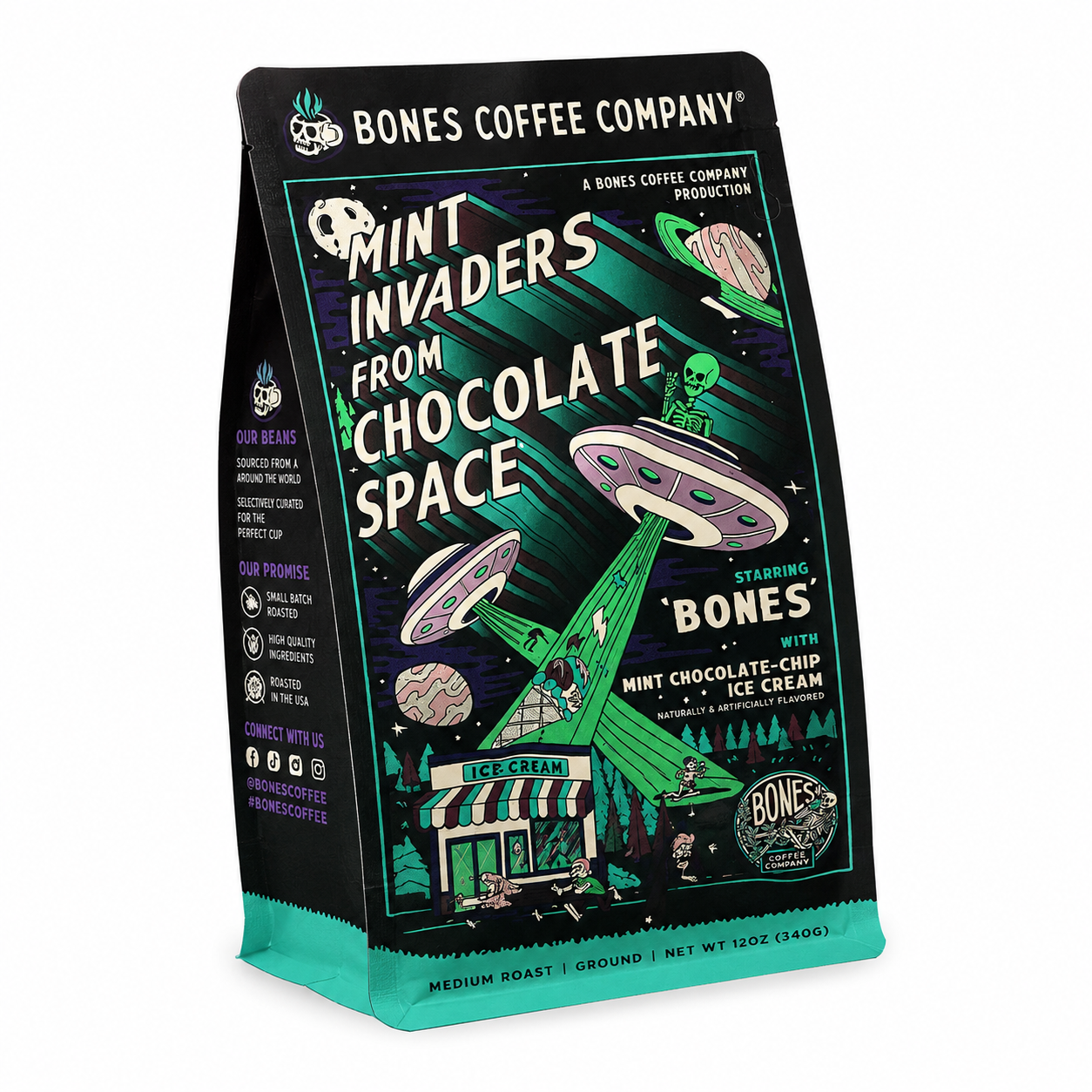 Bones Coffee Mint Invaders from Chocolate Space Flavored Ground Coffee – 12 oz