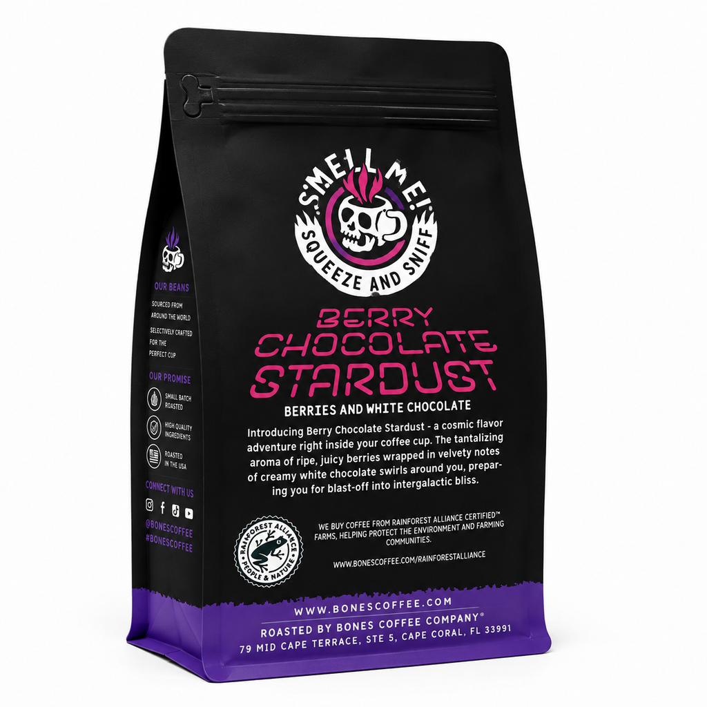 Bones Coffee Berry Chocolate Stardust Flavored Ground Coffee – 12 oz