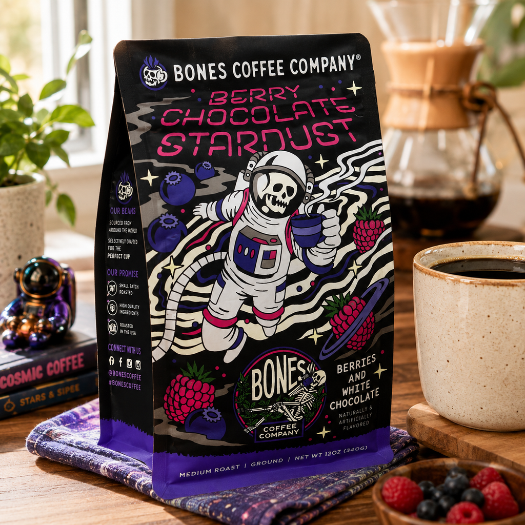 Bones Coffee Berry Chocolate Stardust Flavored Ground Coffee – 12 oz