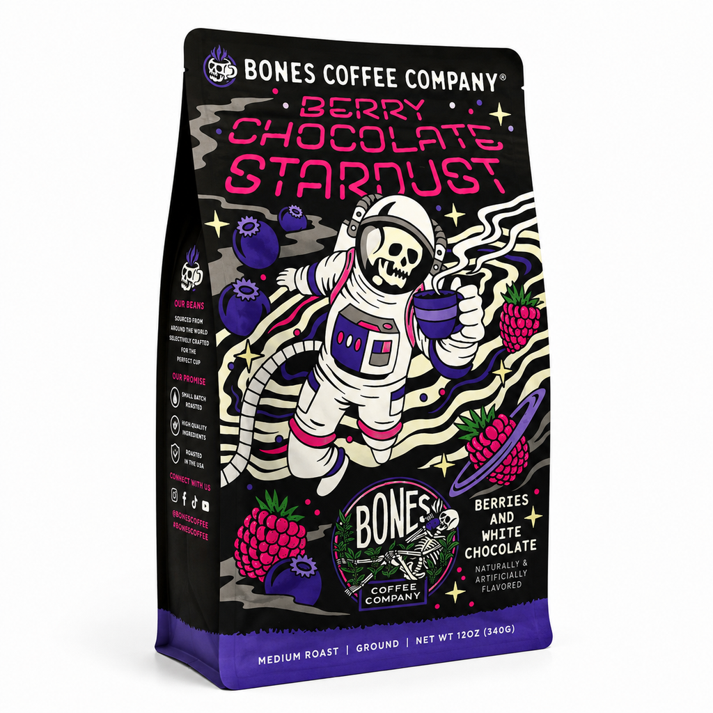 Bones Coffee Berry Chocolate Stardust Flavored Ground Coffee – 12 oz