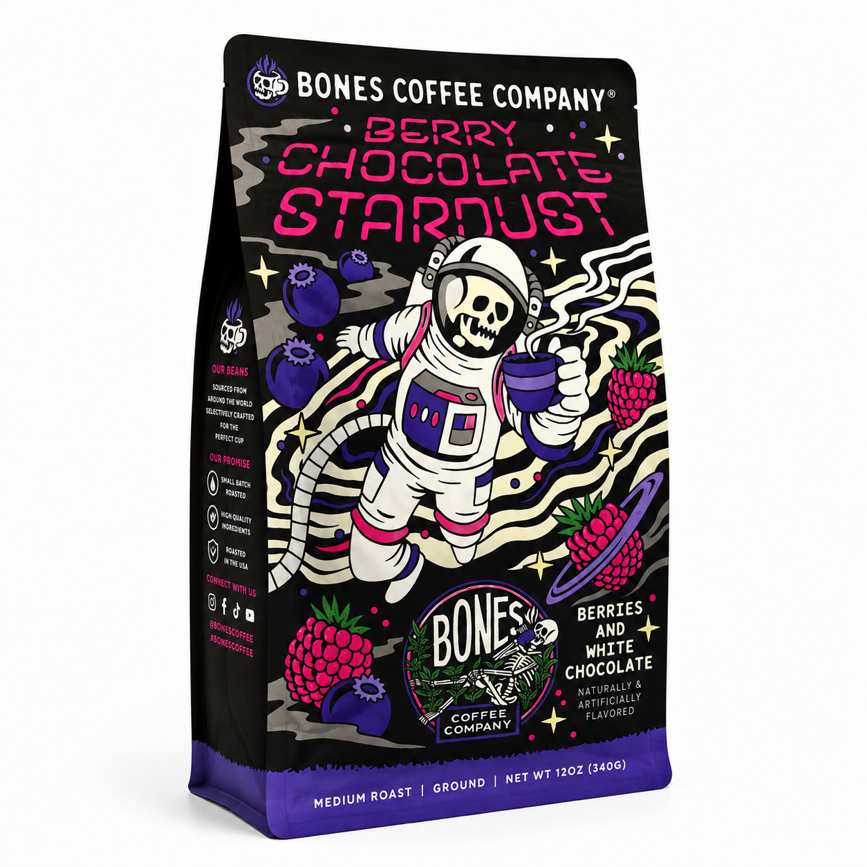Bones Coffee Berry Chocolate Stardust Flavored Ground Coffee – 12 oz
