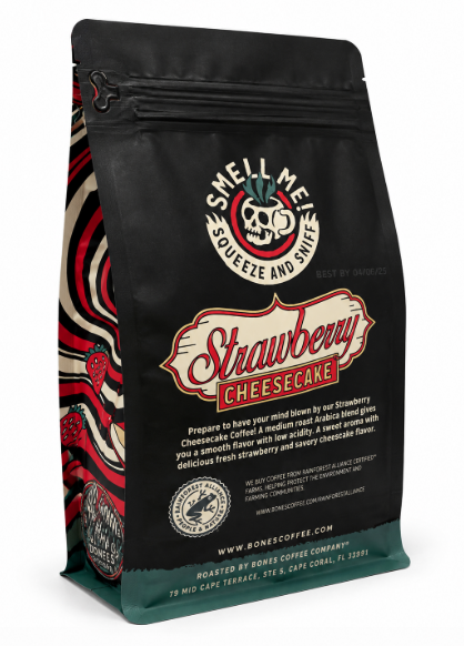Bones Coffee Strawberry Cheesecake Flavored Ground Coffee – 12 oz