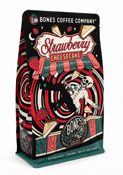 Bones Coffee Strawberry Cheesecake Flavored Ground Coffee – 12 oz