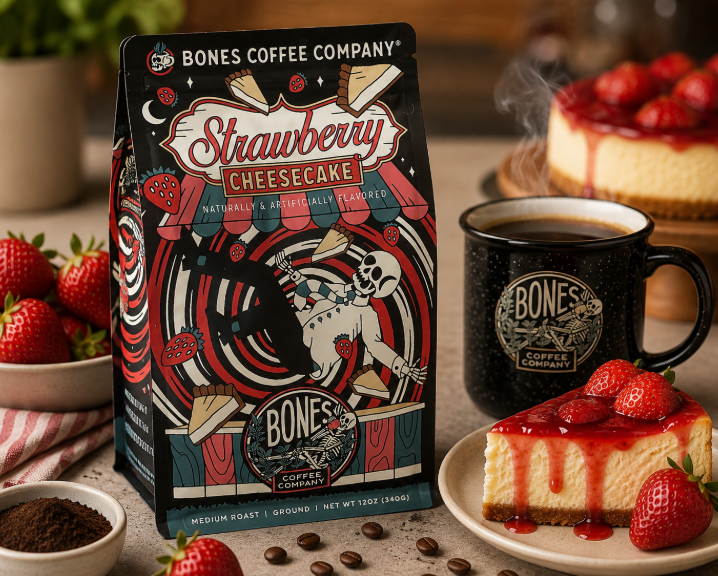 Bones Coffee Strawberry Cheesecake Flavored Ground Coffee – 12 oz