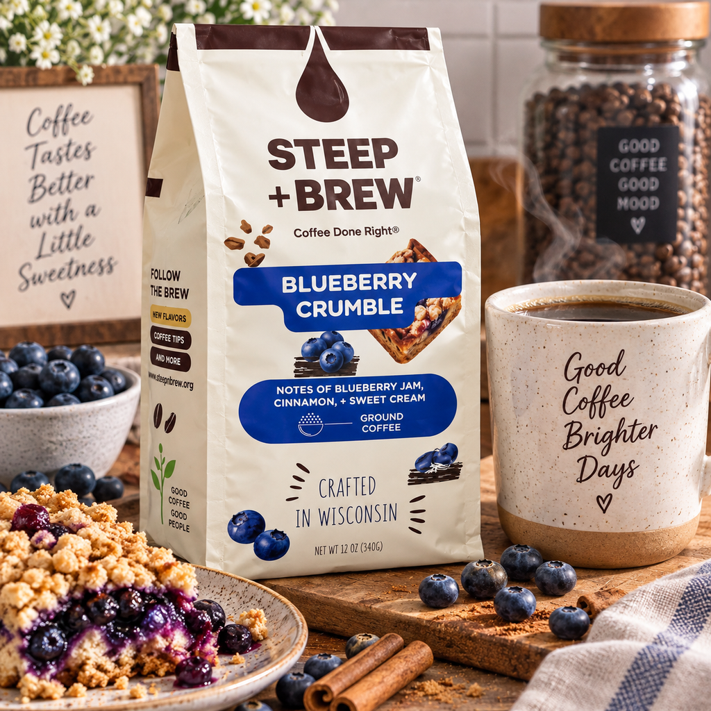 Steep + Brew Blueberry Crumble Flavored Ground Coffee – 12 oz