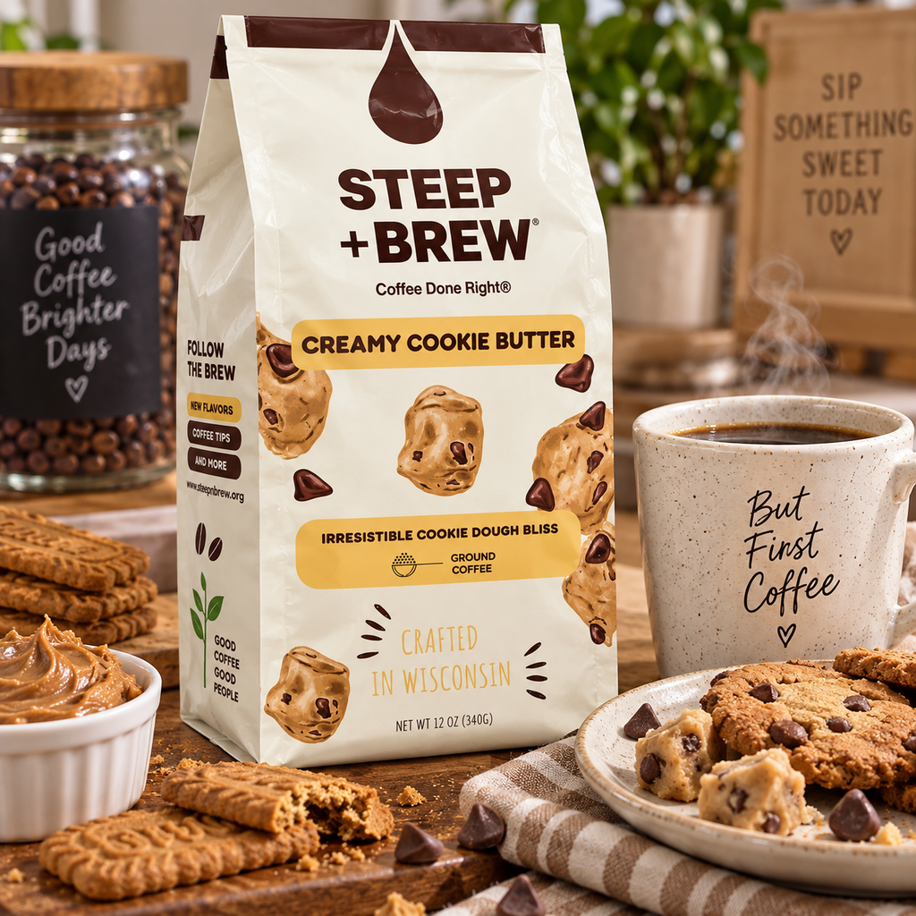 Steep + Brew Creamy Cookie Butter Flavored Ground Coffee – 12 oz