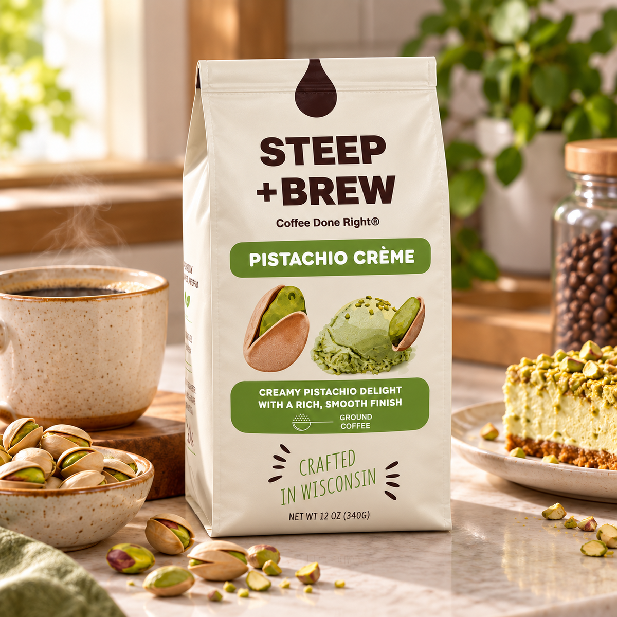 Steep + Brew Pistachio Crème Flavored Ground Coffee, 12 oz